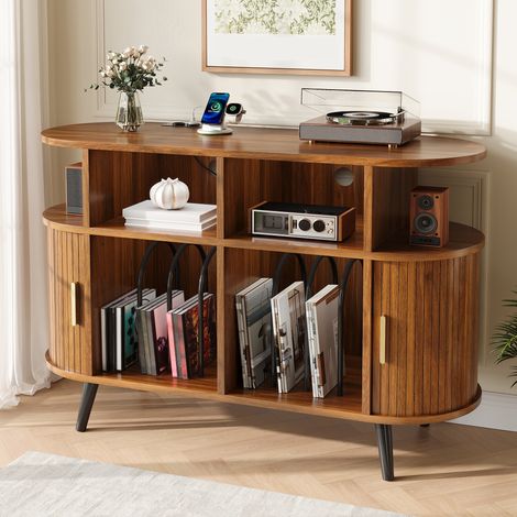 Sideboard für Schallplatten und HiFi-Geräte aus MDF in Nussbaumoptik 110 x 40 x 76 cm (1/5)