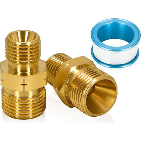 Lot de 2 raccords de tuyau de gaz double 1/4" vers 3/8-2 pièces - Adaptateur de tuyau de gaz 1/4" LH à 3/8" LH - En laiton - Avec bande d'étanchéité - Pour tuyau de gaz propane, acétylène (1/5)