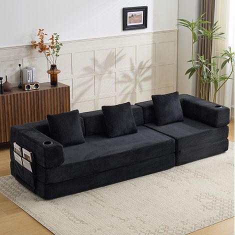 Divano letto pieghevole da pavimento 277.5x92.5x60 cm, convertibile, con tasche laterali e portabicchieri, velluto a coste nero (1/5)