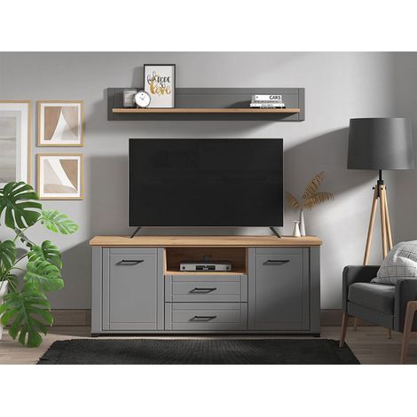 Mueble TV Redondo, 2 Cajones, 4 Estantes, Puerta Abatible, Corredera, 161x41x66.5h cm Gris Oscuro (1/5)