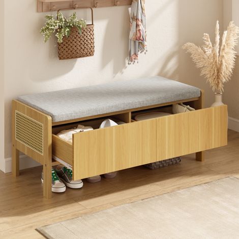Banc de rangement avec 2 tiroirs, 113x40x45,5 cm, avec assise rembourrée, en bambou et MDF, naturel et gris (1/5)