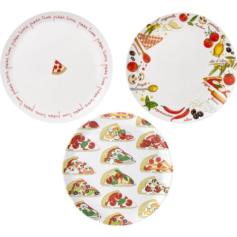 Set 3 piatti pizza rotondi in melamina - Diametro 33 cm e Altezza 1,5 cm - 3 decorazioni diverse, piatto infrangibile e riutilizzabile (1/5)