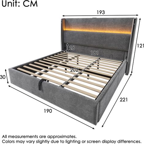 Lit hydraulique moderne avec haute tête de lit, lit double 180x200cm avec éclairage LED, espace de rangement et ports USB/Type-C, en gris aspect lin (sans matelas) (1/5)