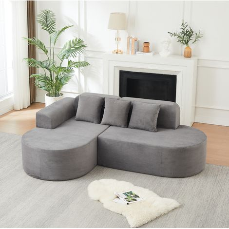 Ecksofa in L-Form Grau aus Cord, mit geschwungener Chaiselongue und abgerundeten Armlehnen (1/5)