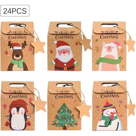 24PCS Boîtes Sacs de Cadeaux de Noël(9.4614cm), Pochette Cadeau Kraft Noël, Boîtes Cadeau de Noël en Papier Kraft, Pochette Noël boîtes pour Emballage Cadeau, Bonbons, chocolats, Biscuits (1/5)