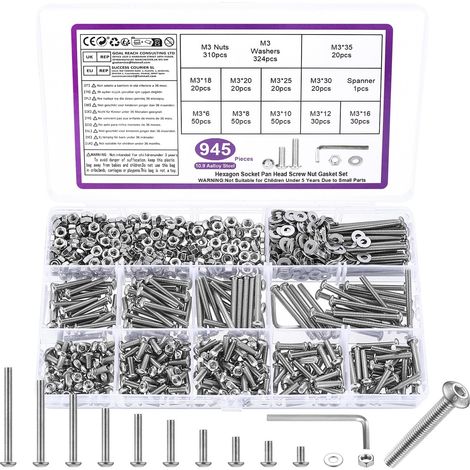 945 Pcs M3 Set di Vis et Écrous，Assortiment de Vis à Tête Creuse Hexagonale Jeu de Vis, Écrous et Rondelles à Tête Ronde à Six Pans Creux Argentés et Clés，Acier Au Carbone 10.9 (1/5)