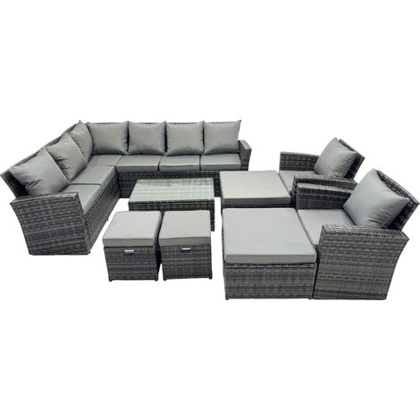 Fimous 12 Seat Rattan High Back Corner Sofa Set Patio Coffee Table Sets with 4 Stools 2 Chairs Dark Grey Mixed (1/5)