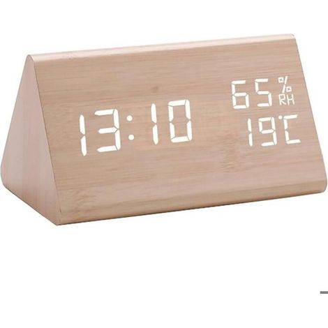 Réveil numérique en bois, affichage électronique de l'heure par LED, 3 alarmes, capteurs d'humidité et de température, idéal pour la (1/5)