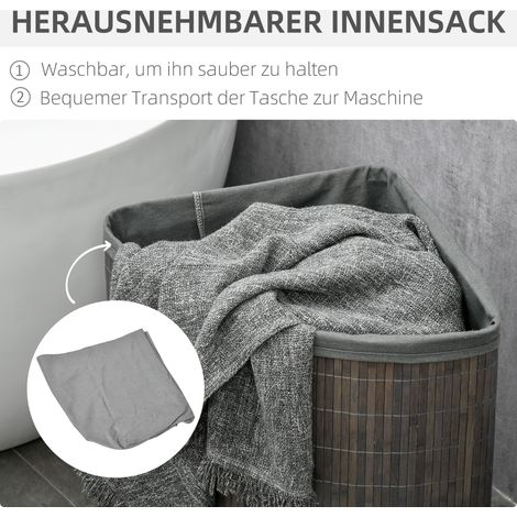 Panier à linge 55 L avec couvercle, poignée, trieur de linge avec sac amovible pour salle de bain, bambou, gris (1/5)