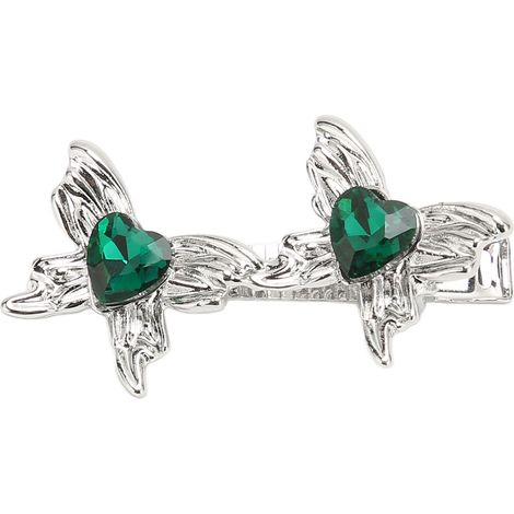 Épingles à cheveux papillon métal argenté, double papillon avec cristaux centraux, glamour et mignon, vert (1/5)