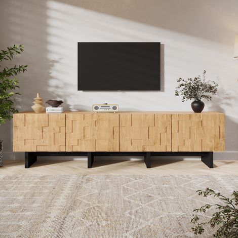 Mueble para tv bajo lowboard - 180 x 38.5 x 45 cm para tv de hasta 75 pulgadas - mesa de televisión con 4 puertas motivo gofrado 3d - mdf estilo nórdico japandi - madera natural (1/5)