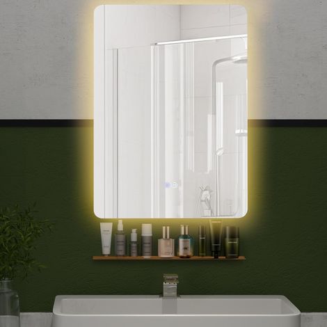 COSTWAY Specchio da Parete 70 x 50cm, Specchio Bagno Rettangolare con Luci Led a 3 Colori, Mensola e Funzioni di Autosbrinante e di Memoria, per Soggiorno e Camera da Letto, IP44 (1/3)