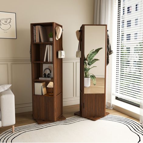 Armario espejo giratorio 4 en 1 (50x50x170 cm), con almacenamiento para joyas, estantería abierta y ganchos, MDF, nogal (1/5)