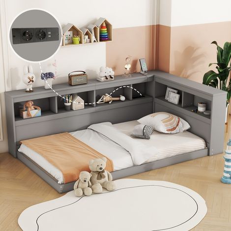 Lit Repos 90x200cm Canapé-lit avec Prise et 2 USB, Lit Simple Sommier à Lattes - Aggloméré gris (sans matelas) (1/5)