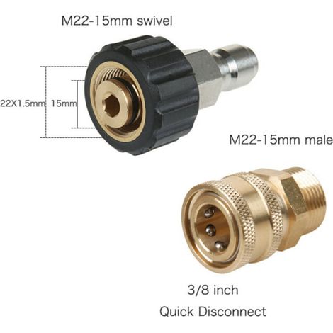 Adaptateur Laveuse Haute Pression - M22 15 mm vers Raccord Rapide 3/8 Pouces - 5000 PSI - Lot de 2 Pièces (1/5)