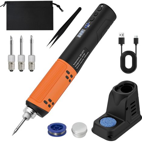 Lötkolben Set LCD Soldering Iron Temperatur Einstellbar 200450 ℃ 3 Lötspitzen USB Lötset schnelles Aufheizen für Reparaturen Brandmalerei Gravieren Orange (1/5)
