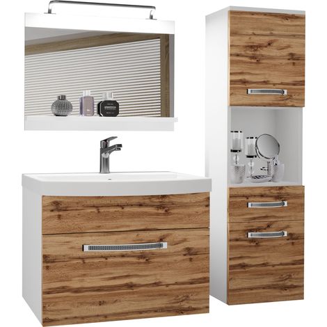 BELINI Meuble de Salle de Bain Lavabo Inclus, Meuble sous-Vasque, Miroir et Cabinet Haut Largeur: 100 cm Kit d'éclairage Inclus Couleur : chêne wotan (1/5)