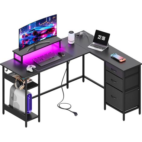 Bureau gaming d’angle L 142 × 118 cm avec tiroirs, prises et port USB, bureau gain de place avec rangement pour home office et chambre, noir (1/5)