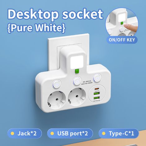 Prise multiple murale européenne, interrupteurs individuels, ports USB-C + veilleuse LED,(2 ports USB Sport, 2 ports jack, 1 port Type-C),Blanc (1/5)