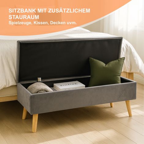 Relaxdays Sitzbank Samt, Stauraum, HxBxT: 40 x 110 x 40cm, Holzfüße, gepolsterte Truhenbank Schlafzimmer, dunkelgrau