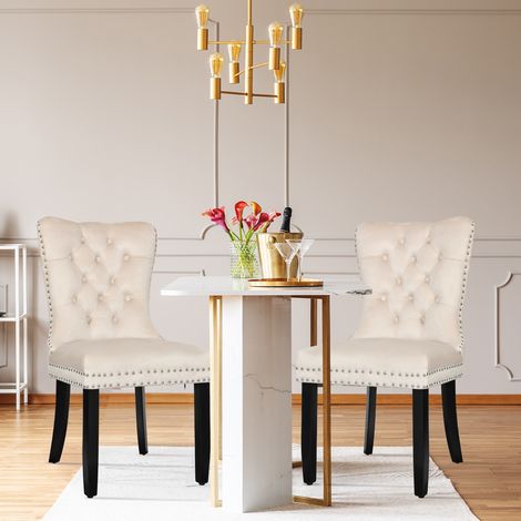 Puluomis – Lot de 2 chaises de salle à manger en velours beige – Structure en bois massif avec pieds en chêne – Rembourrage ergonomique et facile à nettoyer