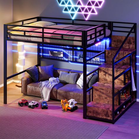 letto soppalco 140x200 armadio metallo nero LED HAVRYA (1/5)