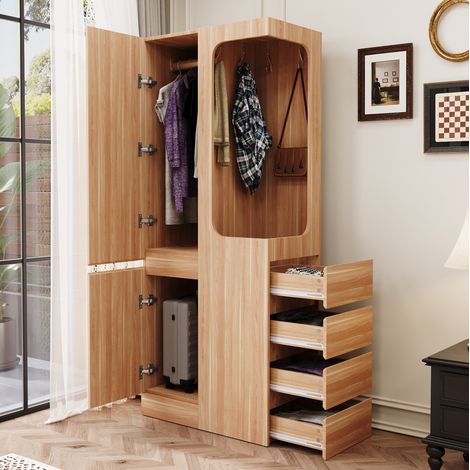 Armario de madera color natural 70 x 40 x 170 cm, 1 puerta, 4 cajones, zona abierta para colgar (1/5)