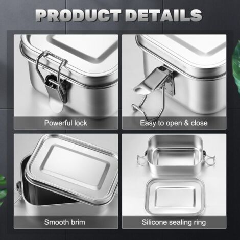 QORVA-Boîte à bento en acier inoxydable 850 ml, contenant de conservation des aliments avec clip verrouillable, anti-fuite, réutilisable, lavable au lave-vaisselle, pour le travail