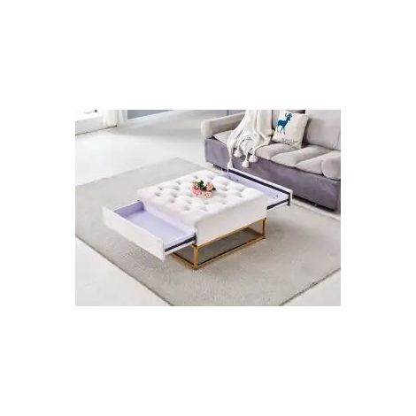 Pouf Coffre TIROIRS Carré Plateau Velours Capitonné Beige 80x80x43cm 2 Tiroirs