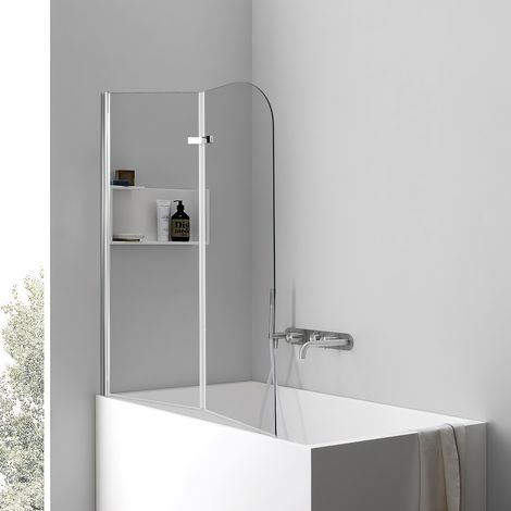 Wolketon Paroi anti-éclaboussures pour baignoire 100 x 140 cm, 2 panneaux pliants, verre transparent, alu argenté (1/5)