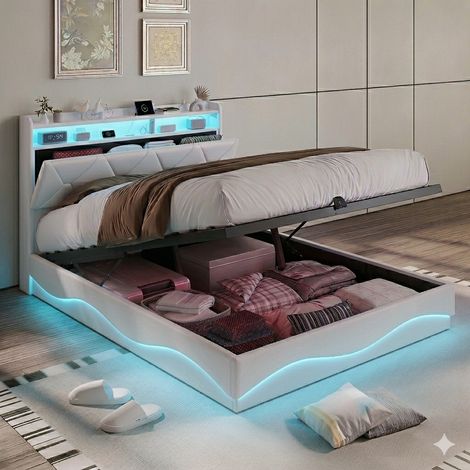 Lit coffre 160x200,lit 160x200 avec sommier,lit double capitonné,lit adulte, tête de lit avec chargement USB et lumières LED réglables,tissu en velours,Beige (1/5)