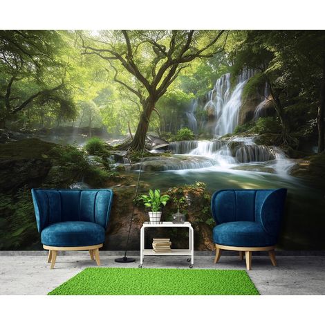 Fototapete Wasserfall Wald Natur, für Wohnzimmer und Schlafzimmer, 300 x 210 cm – Komplettset inkl. Kleister & Anleitung (1/5)