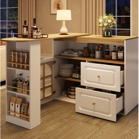 Drehbares Sideboard 138-204/39/104 cm in Weiß mit Glasfront, Schubladen und Stauraum (1/5)