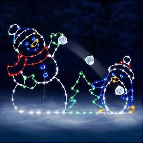Bonhomme de neige de Noël Pingouin Bataille de boules de neige animée amusante Guirlande lumineuse Décoration Cadre Lumières colorées Fête de Noël (1/4)