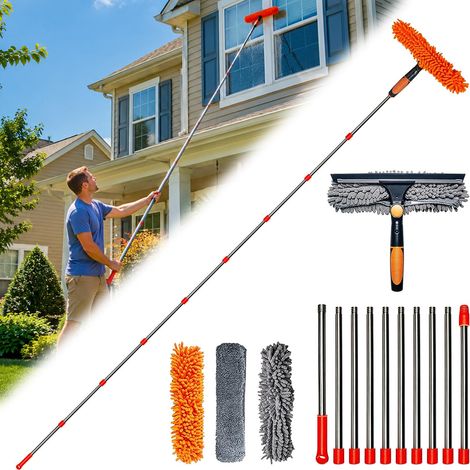 Nettoyeur de Vitres 2 en 1, Raclette Télescopique, Perche 4,2m (Portée 6m), Brosse Microfibre & Lame Silicone, Kit Lavage Vitre pour Fenêtres Haussmanniennes, Douche, Voiture, 3 Tampons Inclus (1/5)