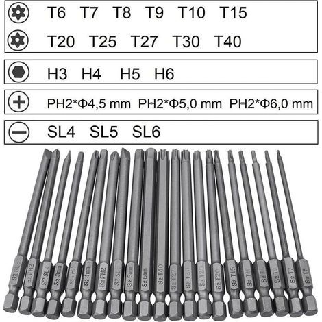 Embouts de Tournevis 21 Pièces, Embout de Vissage Magnetique 100mm Long, Torx T6-T40, Hexagonal 3mm-6mm, Phillips PH2, Plats 4mm-6mm, 1/4" Hex Tige, Acier S2 (1/5)