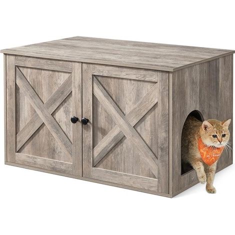 Maison de toilette pour chat 80 x 53 x 50 cm avec séparateur intérieur style rustique ambiance cosy en aggloméré grège (1/2)