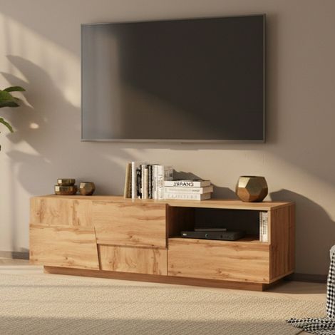 Dmora - Mueble TV Velio, Aparador bajo de salón con 2 puertas y 1 cajón, base para mueble TV, 150x44h46 cm, Roble (1/5)
