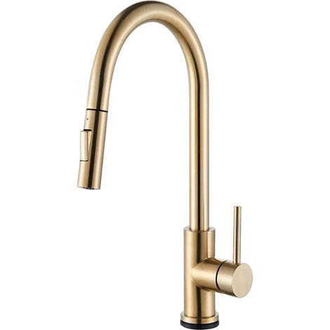 Robinet de cuisine doré avec capteur tactile, douchette rétractable et bec flexible — Doté de deux modes de jet et d'une commande tactile. (1/5)