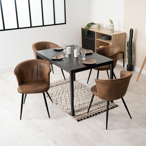 MEUBLES COSY Ensemble de salle à manger cinq pièces, comprenant une table extensible et quatre chaises de salle à manger en microfibre marron. (1/5)