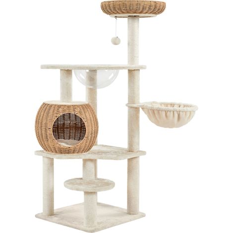 Yaheetech Tiragraffi Albero per Gatti 137cm Cuccia per Gatti in Rattan Intrecciato con Cuscino Cestino Peluche Palla Appesa Gatto Gioco Beige