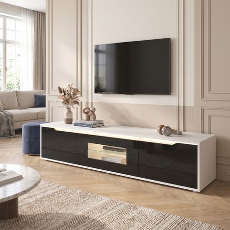 Meuble TV Suspendu 180x30x35cm avec Éclairage LED 16 Couleurs en Panneaux de Particules Style Moderne Noir et Blanc Brillant (1/5)