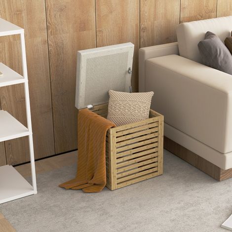 Baúl de Almacenaje para Dormitorio 54,7L con Asiento Desmontable Marco de Bambú 40x40x47 cm Gris y Natural (1/5)