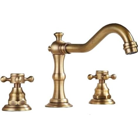Mitigeur de lavabo trois trous style vintage à double poignée, robinet large pour vasque de salle de bains, installation murale 8 pouces adapté pour baignoire avec structure à trois orifices et double