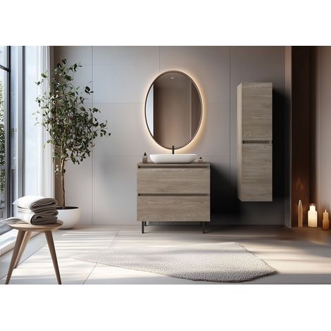Meuble de salle de bain 140 cm (2 × 60 + 20) avec plan de travail supérieur + pieds meuble, Couleur : Chêne Clair, 140 × 77 × 46 cm (1/5)