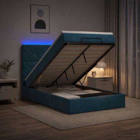 vidaXL Lit coffre avec matelas et LED Bleu foncé 120 x 200 cm Velours (1/5)