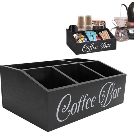 Kaffeestation-Organizer mit 5 Fächern, schwarzer Kaffeepadhalter aus Holz (1/5)