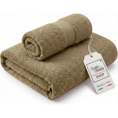 Pair de serviettes beiges pour le visage et les invités - 100 % coton éponge 450 g/m² fabriquées en Italie