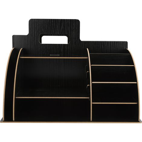 Organisateur de bureau en bois pour cosmétiques et fournitures, rangement innovant pour espace de travail à domicile, noir. (1/5)