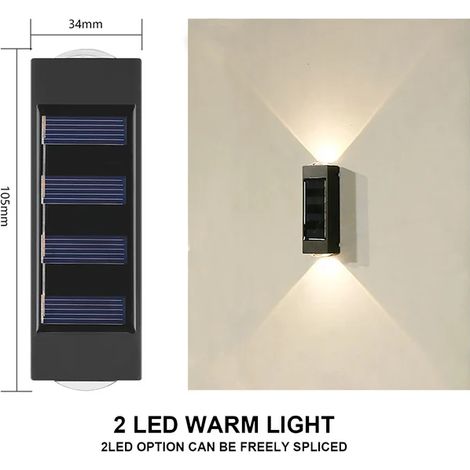(2 LED à lumière chaude) Applique murale solaire d'extérieur étanche, éclairage vers le haut et vers le bas, décoration pour la maison, le jardin et la cour, lumière du soleil (1/5)